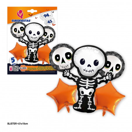 Conjunto de balões de alumínio com esqueleto e estrelas de Halloween 5 unidades