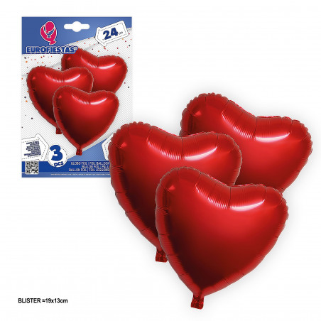 Balão de folha de coração com glitter vermelho 24 cm 3 unidades