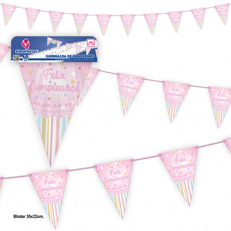 Guirlanda de bandeirinhas coleção bolinhas rosa feliz aniversário
