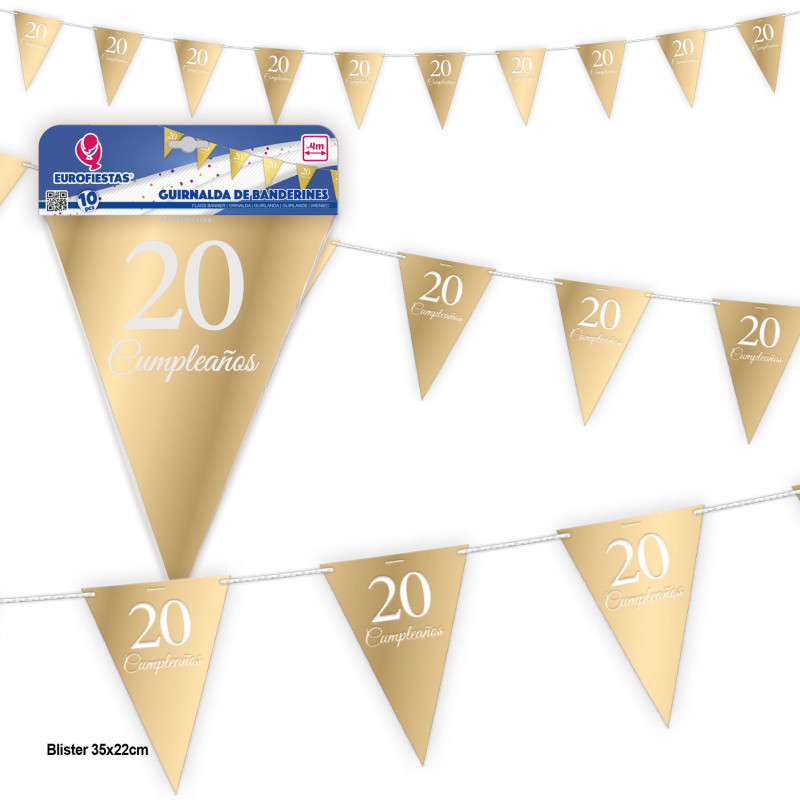 Guirlanda de flâmulas douradas de 20º aniversário