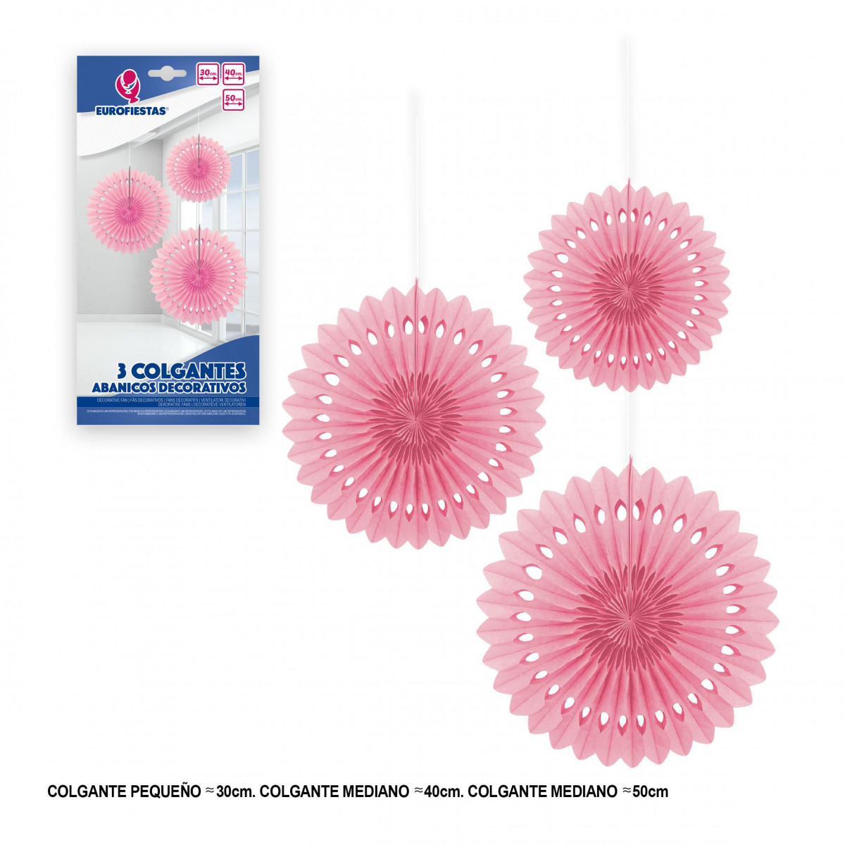 Conjunto de 3 pompons rosa decorativos para pendurar.