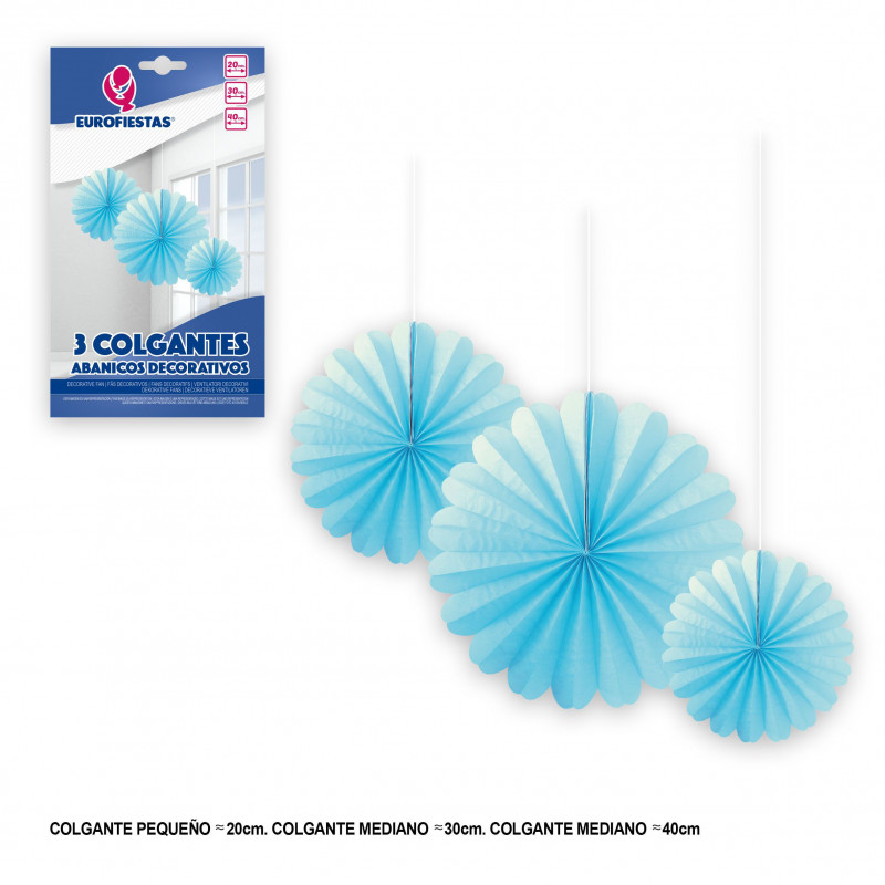 Conjunto de 3 pompons celestes decorativos para pendurar.