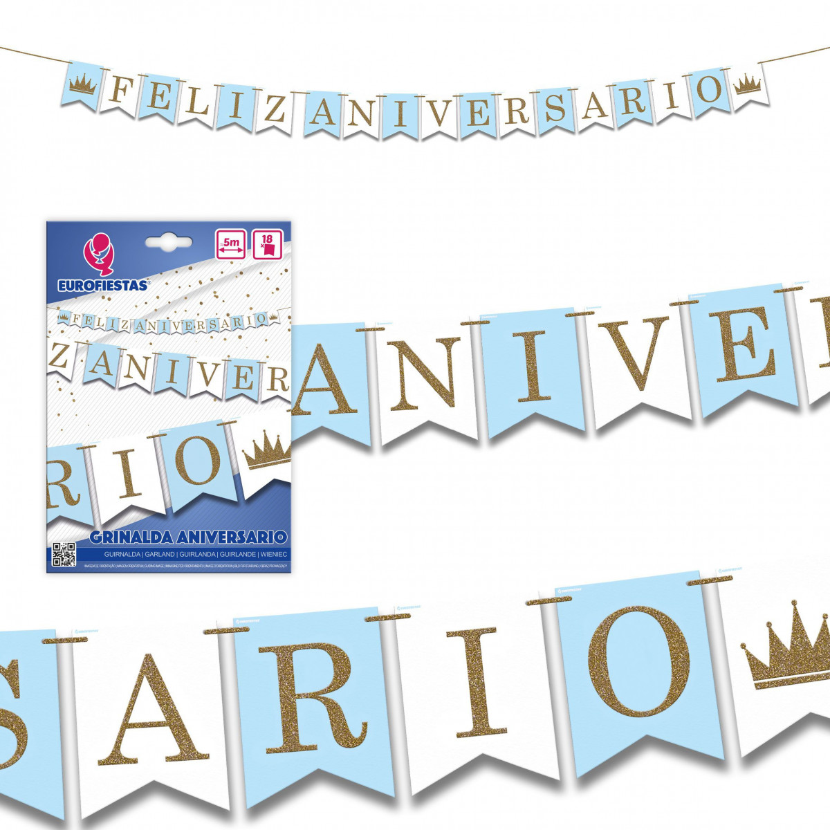 Feliz aniversário guirlanda azul branco purpurina ouro