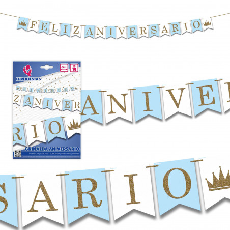 Feliz aniversário guirlanda azul branco purpurina ouro