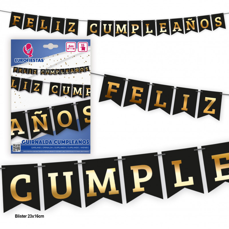 Guirlanda preta feliz aniversário ouro metalizado