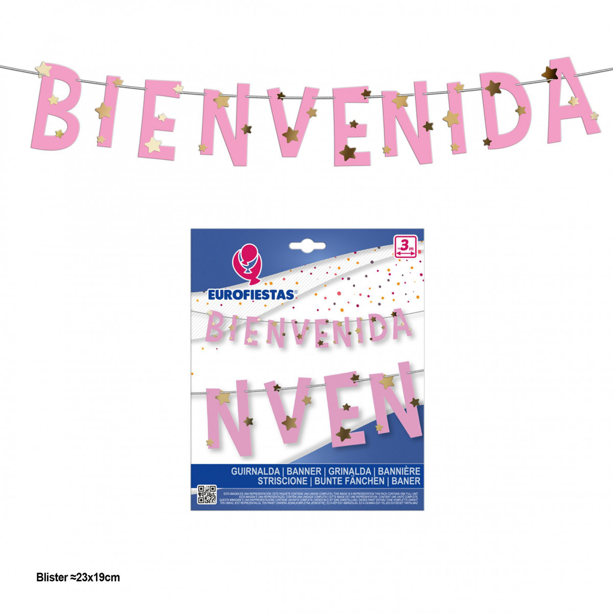 Guirlanda de boas-vindas rosa com estrelas douradas metalizadas