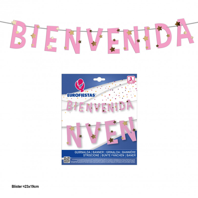 Guirlanda de boas-vindas rosa com estrelas douradas metalizadas