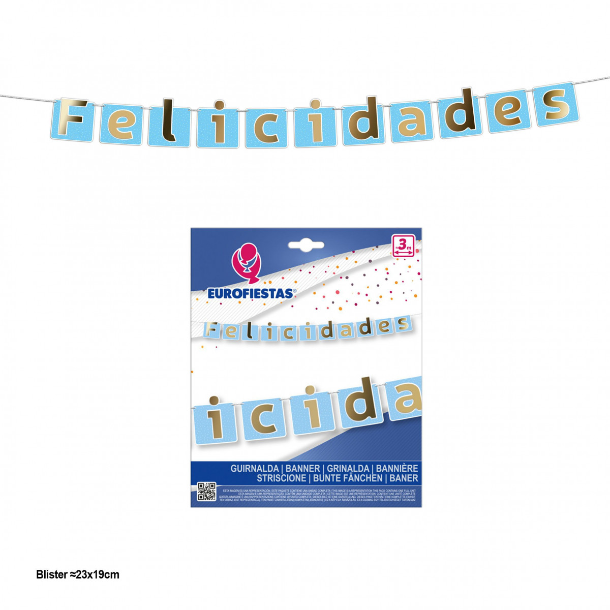 Guirlanda de feliz aniversário com flâmulas azuis e letras douradas metálicas