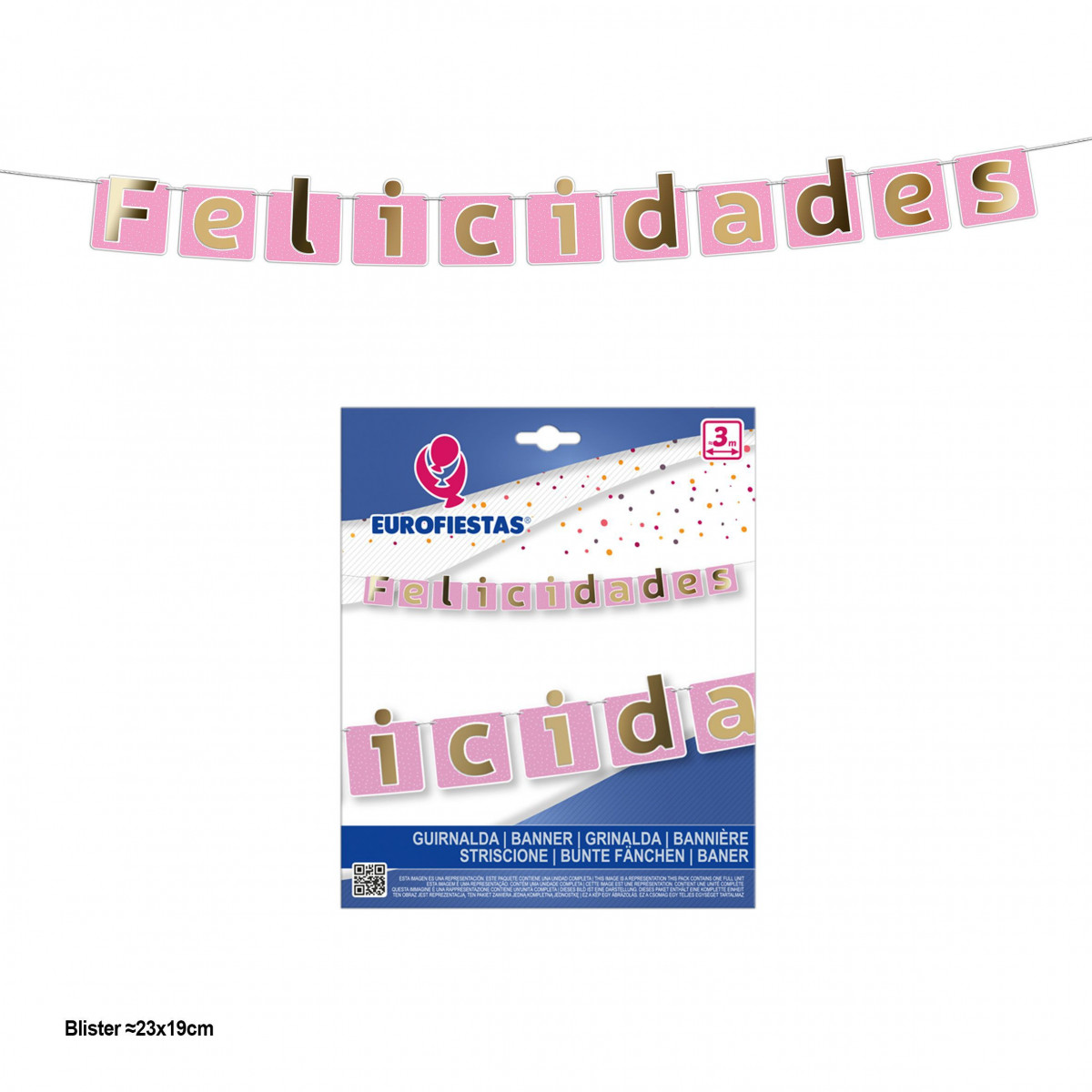 Guirlanda felicitações bandeirinhas rosas com letras douradas metalizadas.