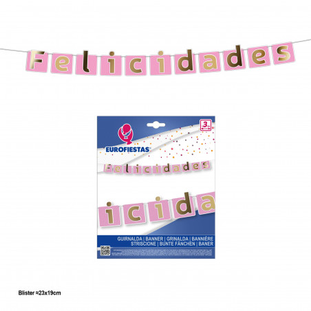 Guirlanda felicitações bandeirinhas rosas com letras douradas metalizadas.