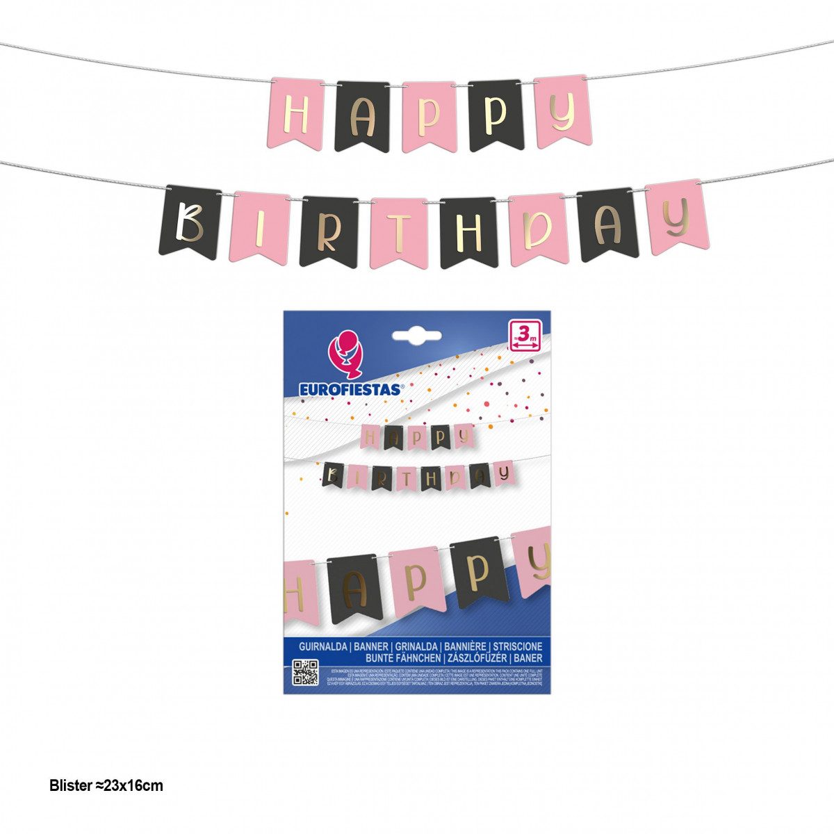 Guirlanda de feliz aniversário, bandeirinhas rosa e cinza com letras douradas metalizadas.