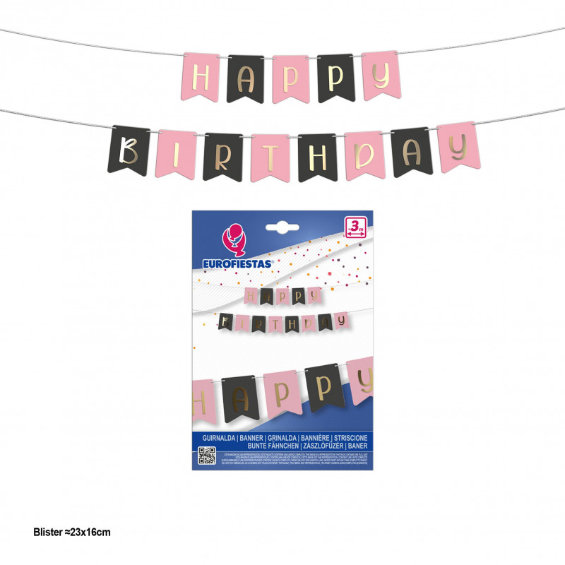 Guirlanda de feliz aniversário, bandeirinhas rosa e cinza com letras douradas metalizadas.
