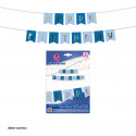 Guirlanda feliz aniversário bandeirinhas azul celeste e real com letras douradas metalizadas.