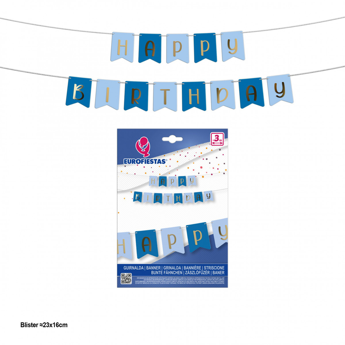 Guirlanda feliz aniversário bandeirinhas azul celeste e real com letras douradas metalizadas.