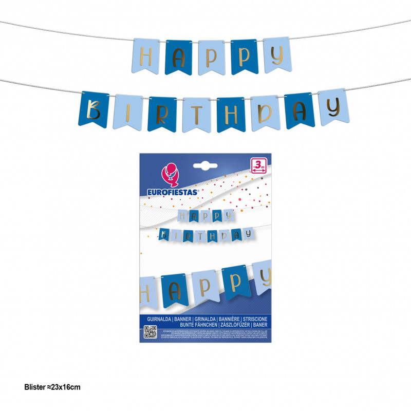 Guirlanda feliz aniversário bandeirinhas azul celeste e real com letras douradas metalizadas.