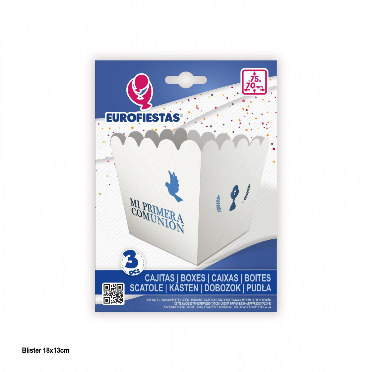 Caixa de pipoca pequena 3pcs comunhão azul pombas