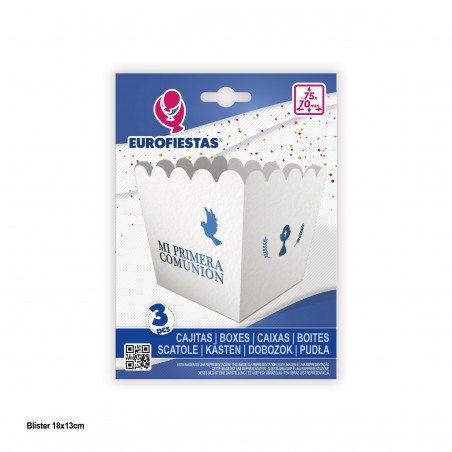 Caixa de pipoca pequena 3pcs comunhão azul pombas