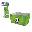 Caixa de pipoca retangular com bola de futebol na grama