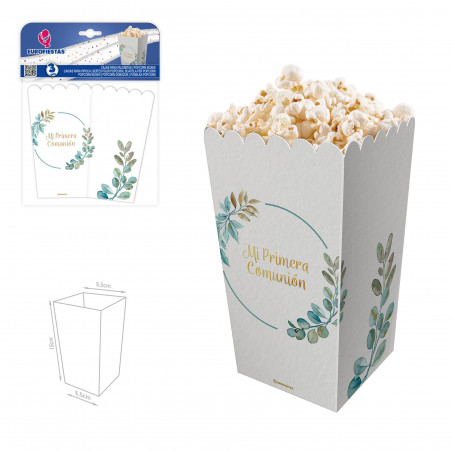 Minhas caixas de pipoca de primeira comunhão Design elegante com detalhes dourados e folhas