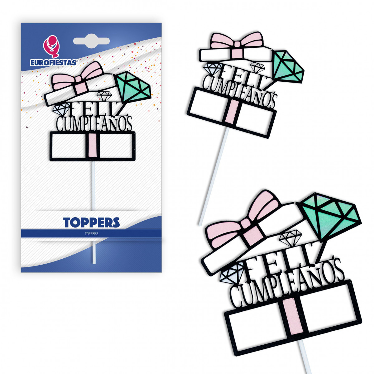 Topper feliz aniversário diamante rosa