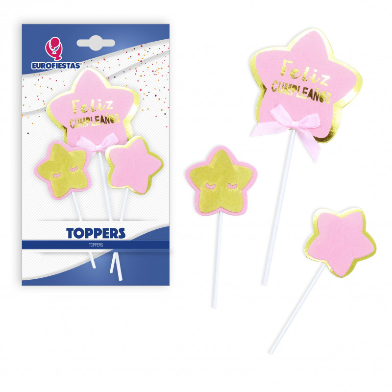 Feliz aniversário topper estrelas rosa