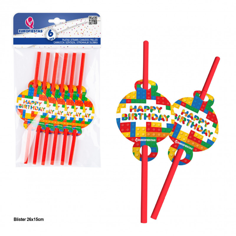 Pacote com 6 canudos de design de bloco de feliz aniversário
