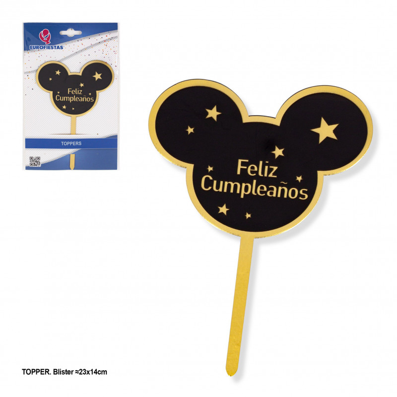 Topper feliz aniversário orelhas preto e dourado