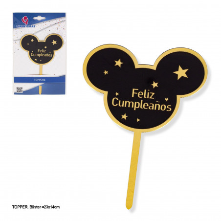 Topper feliz aniversário orelhas preto e dourado