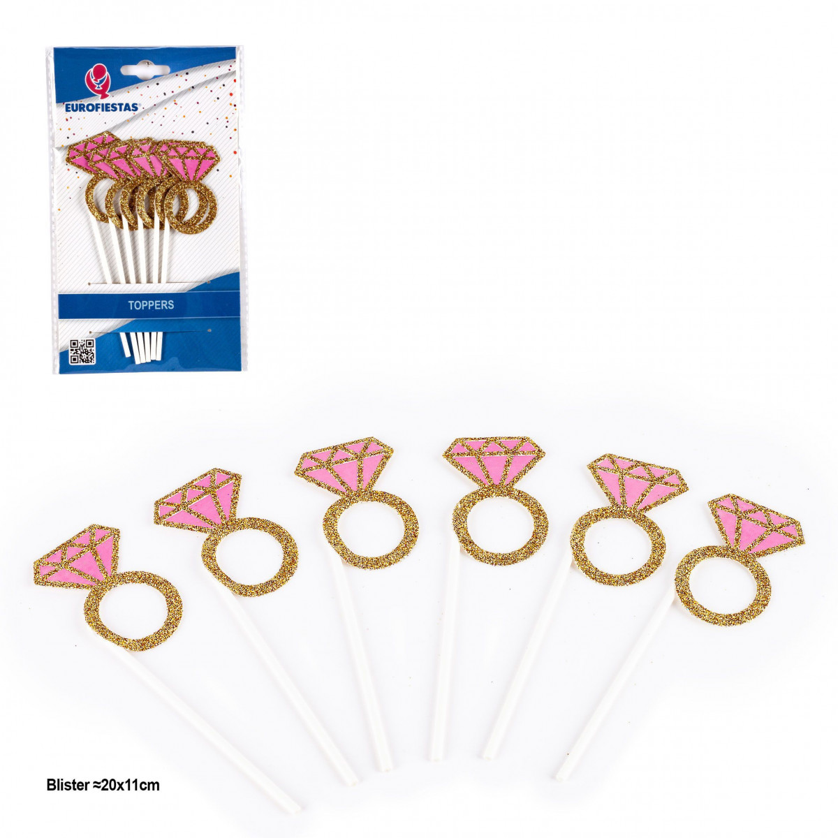 Topper anéis com diamante rosa e glitter dourado 2pcs
