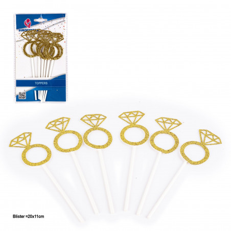 Topper anéis com glitter diamante ouro 6pcs