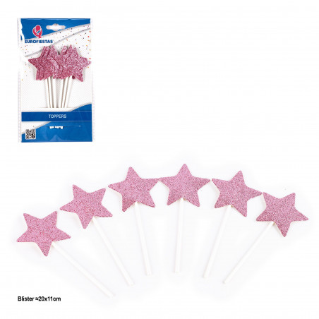 Topper estrela com glitter rosa 6 unidades