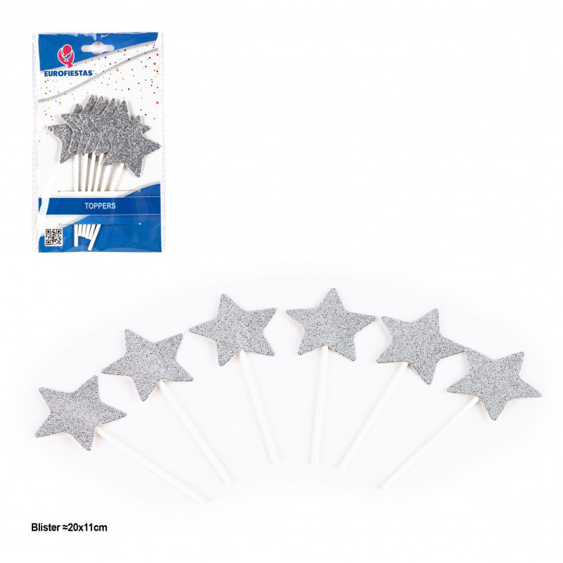 Topper estrelas purpurina prata 6pcs