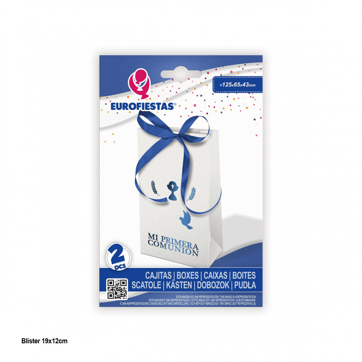 Caixinha 125x65x43mm com laço de comunhão azul metalizado