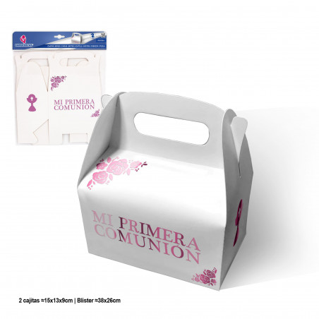 Caixa de presente ˜150x130x90mm com alça de comunhão rosa metálica