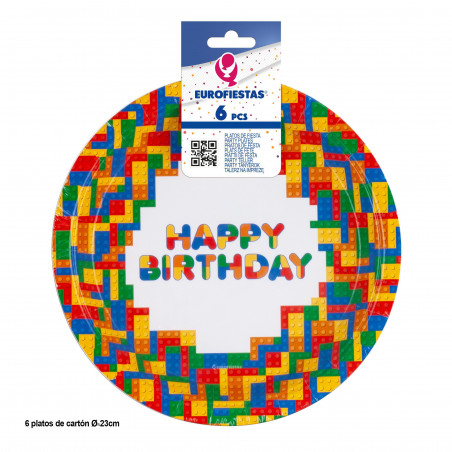 Pratos de papel com design de bloco de feliz aniversário, pacote com 6