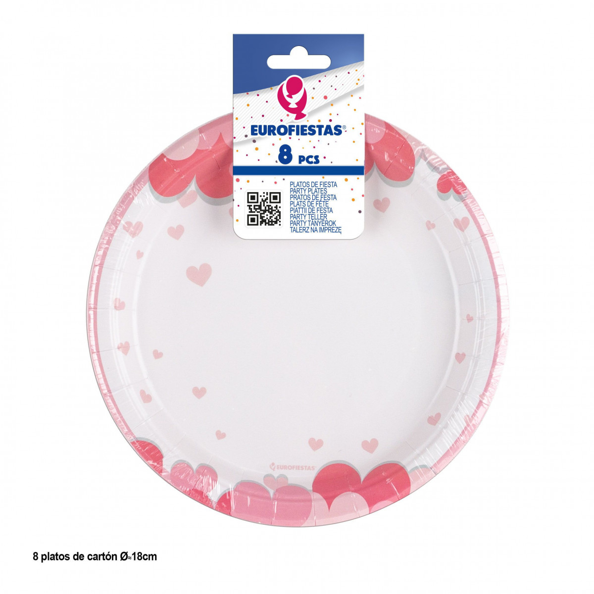 Prato 8pcs 18cm com corações rosas amor