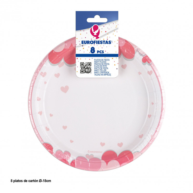 Prato 8pcs 18cm com corações rosas amor