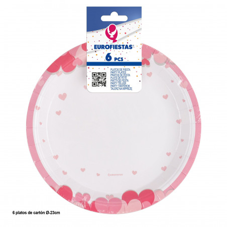 Prato 6pcs 23cm com corações rosas love