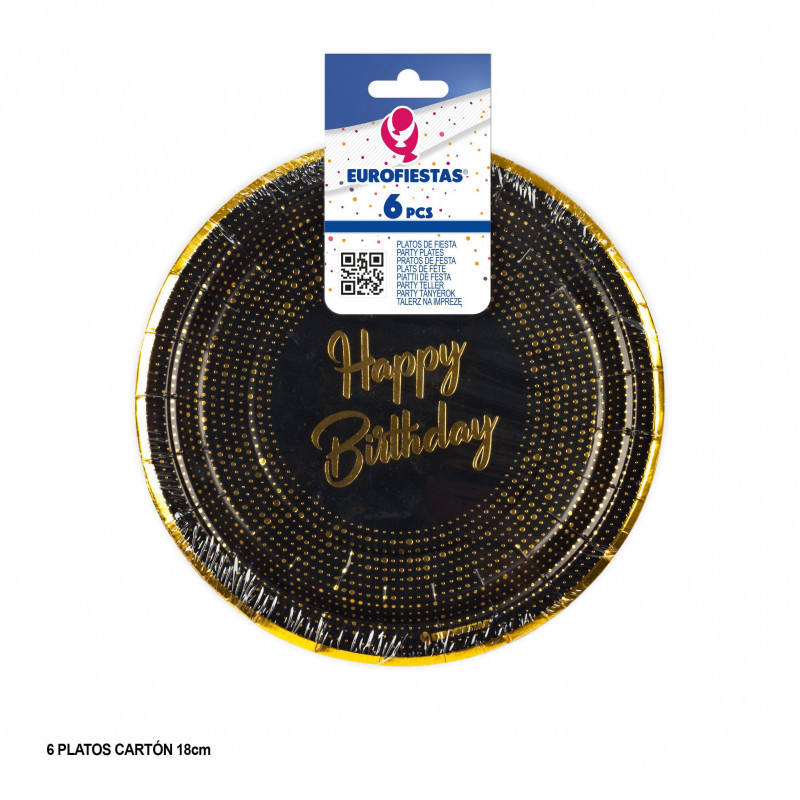 Prato preto e dourado com bolinhas de Feliz Aniversário