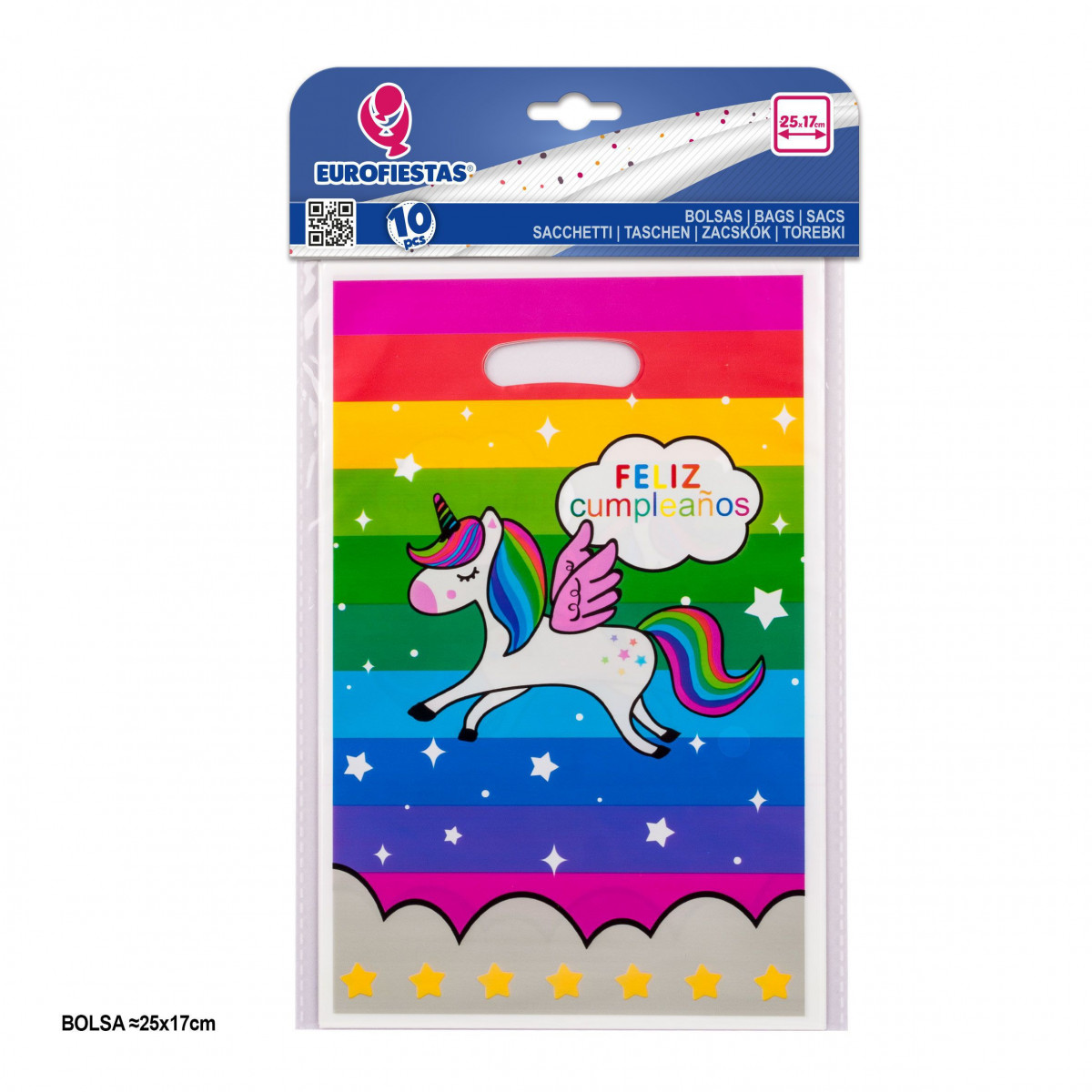 10 sacolas plásticas arco-íris feliz aniversário 25x16.5cm balões