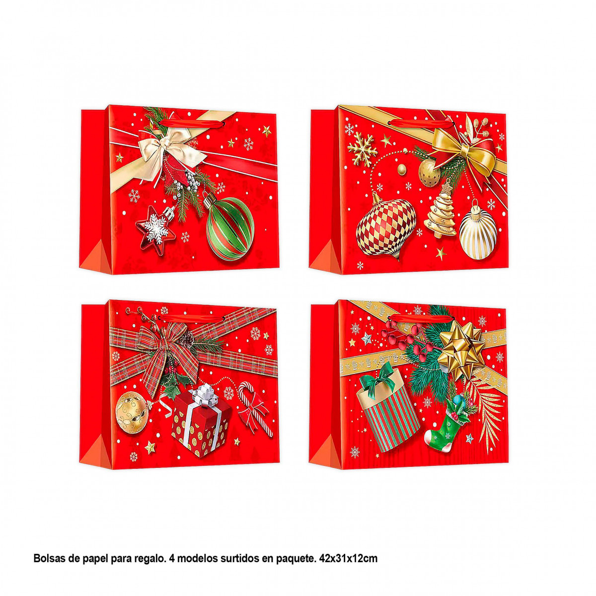 Bolsa horizontal Natal vermelha e dourada 42x31x12cm 4ms gr
