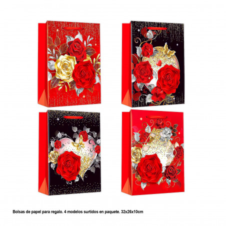 Saco presente valentim flores com ouro 32x26x10cm 4ms med