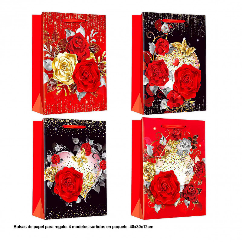 Saco presente valentim flores com ouro 40x30x12cm 4ms gr