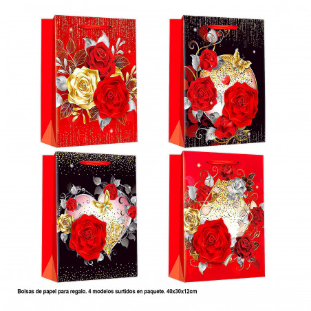 Saco presente valentim flores com ouro 40x30x12cm 4ms gr