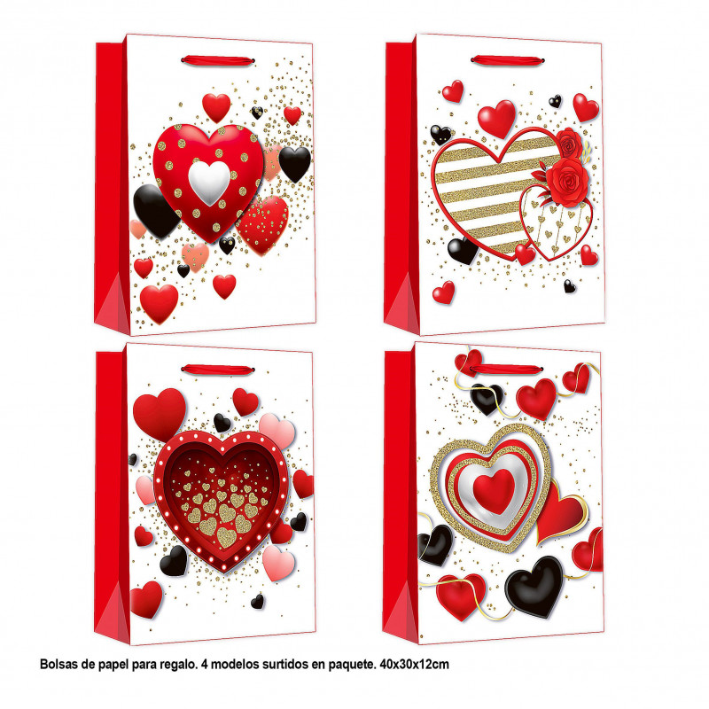 Bolsa dia dos namorados corações vermelhos e pretos 40x30x12cm 4ms gr