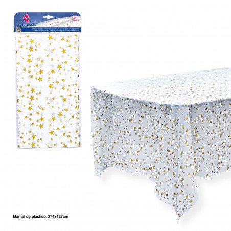 Toalha de mesa branca com estrelas douradas 274x137cm