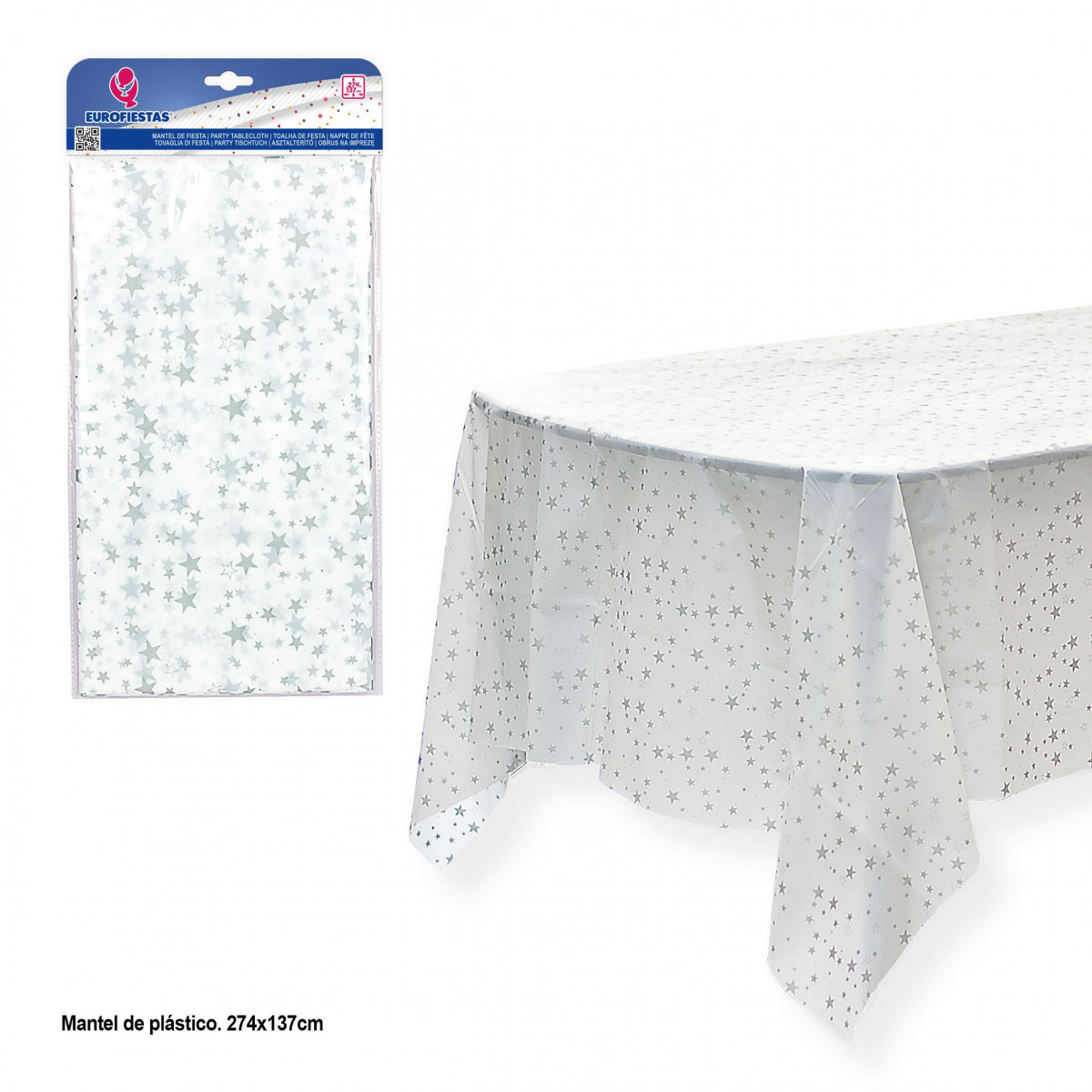 Toalha de mesa branca com estrelas prateadas 220x132cm