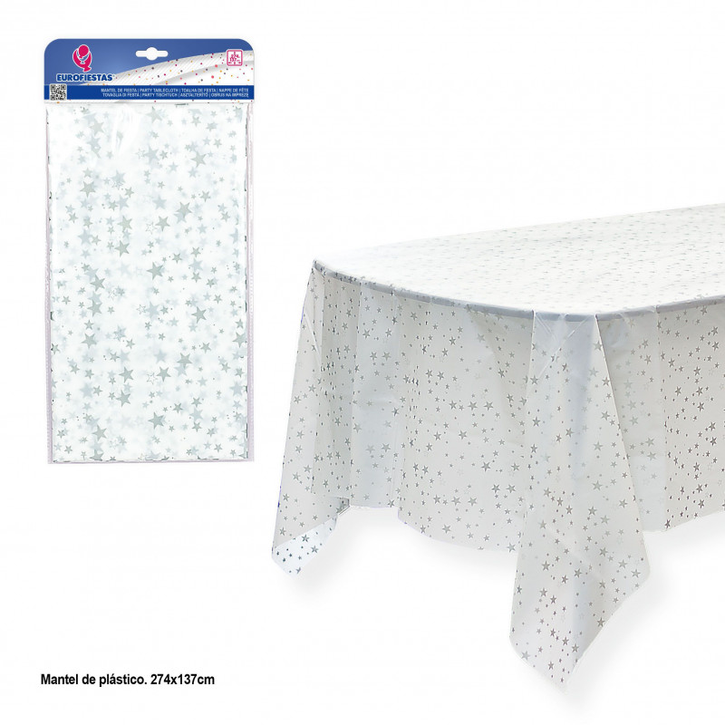 Toalha de mesa branca com estrelas prateadas 220x132cm