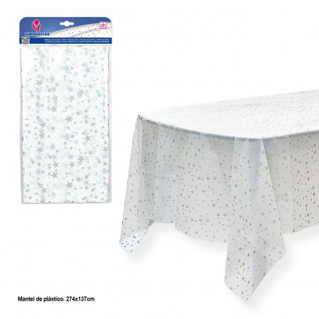 Toalha de mesa branca com estrelas prateadas 220x132cm