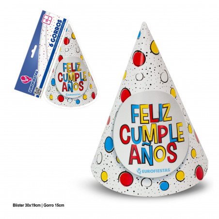 Chapéus de feliz aniversário com bolinhas coloridas 6 unidades